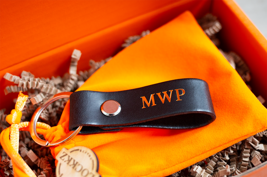 Custom Leather Keychain with Gold Foil Initials – 3.5” Handmade Key Ring with Gift Box