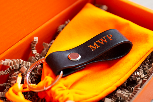 Custom Leather Keychain with Gold Foil Initials – 3.5” Handmade Key Ring with Gift Box
